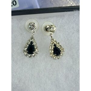 SPBC LIND Black and Clear Rhinestone Drop Pierced Earrings, c1970s #478